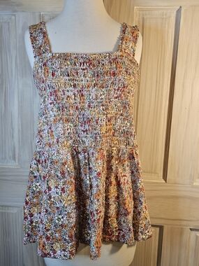 Maurices Multi Floral Smocked Peplum Tank Top - Cream, Yellow, Rust In XL